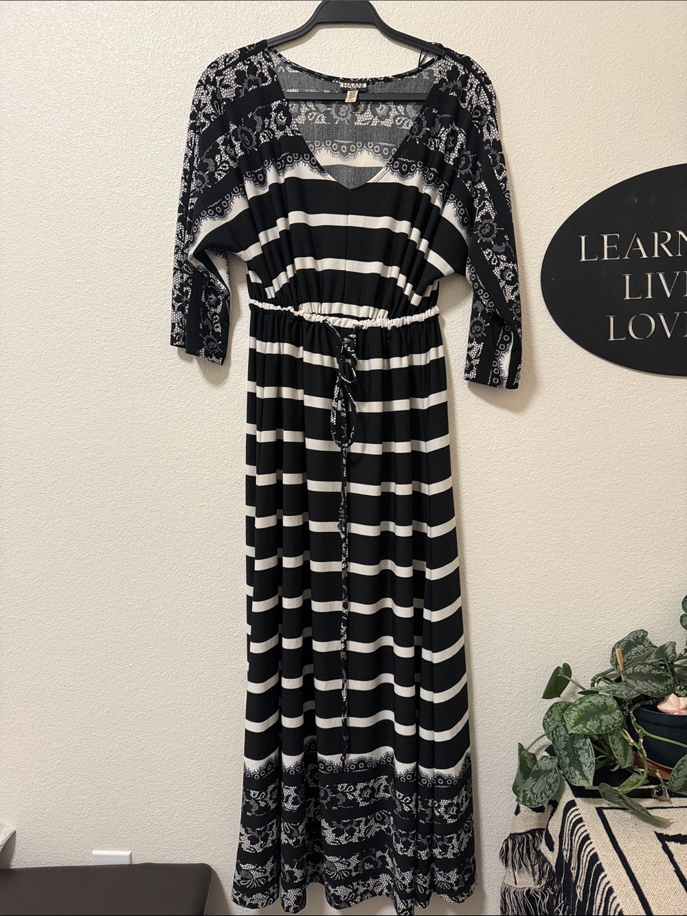 Striped Black and White Maxi Dress with Tie Waist